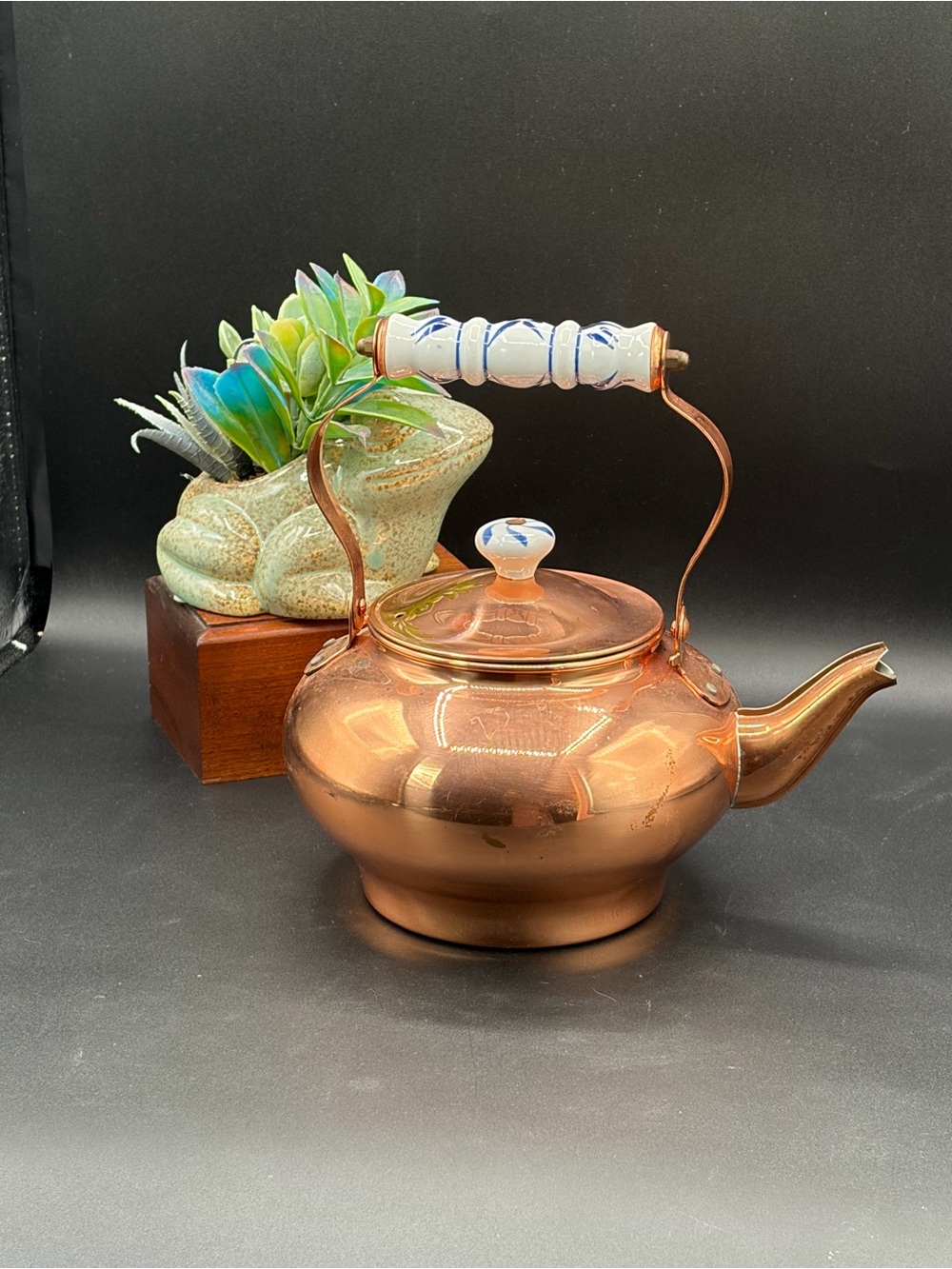 70s Vintage Copper Tea Kettle Blue White Porcelain Handle And Knob Made in Korea